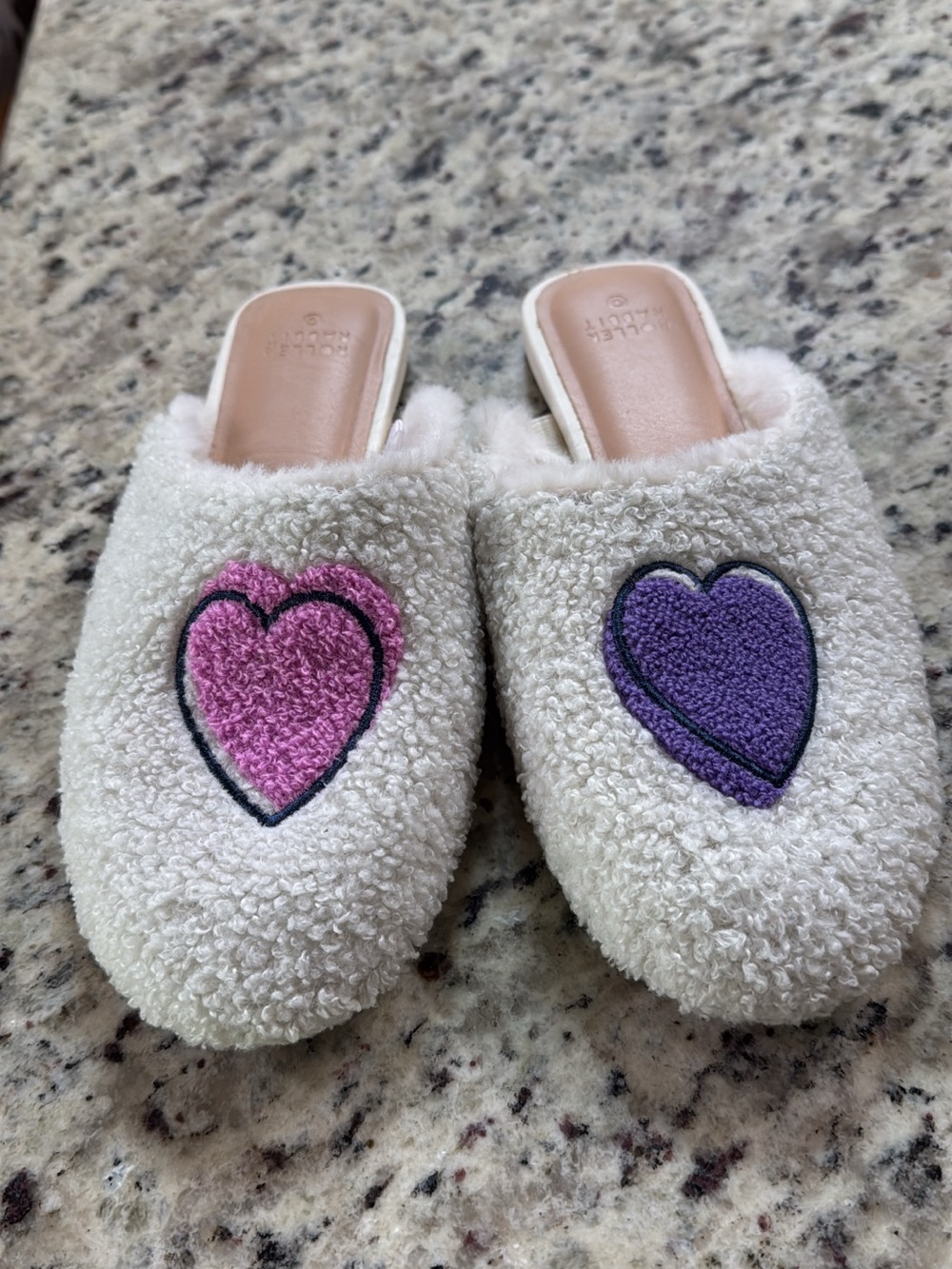 Roller Rabbit Cream Sherpa Slippers with Pink and Purple Heart Patches